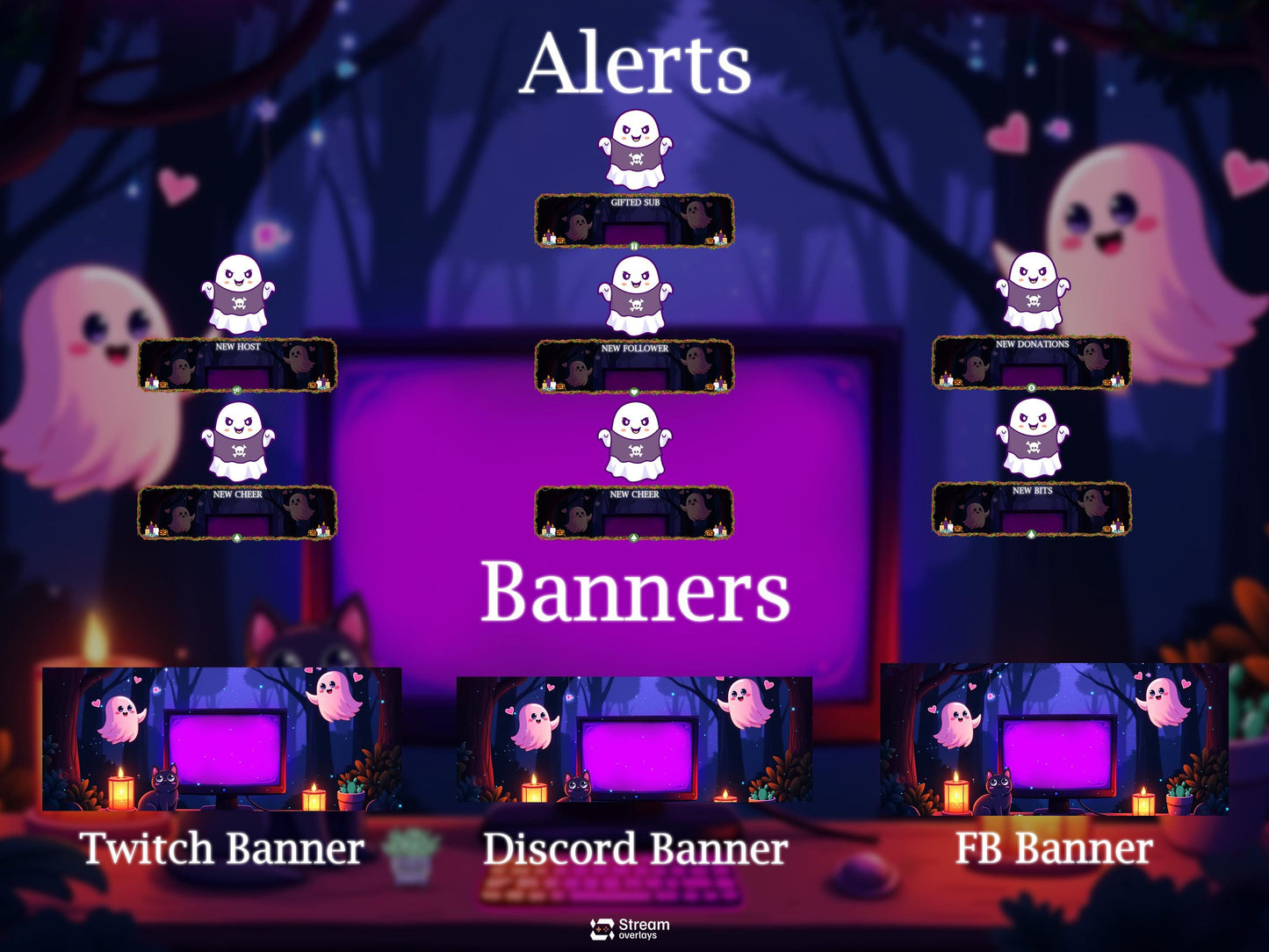 Cute Jungle Ghost Stream Overlays Pack | Animated Cat Wizard Magic Forest Twitch Overlay, Cute Trees Theme OBS Stream Package, Panels