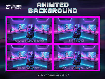 Cyber Neon Gaming Room Animated Stream Screens, Anime Theme (Digital Download)