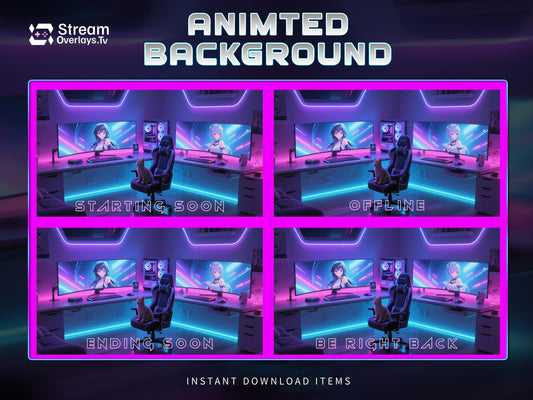 Cyber Neon Gaming Room Animated Stream Screens, Anime Theme (Digital Download)