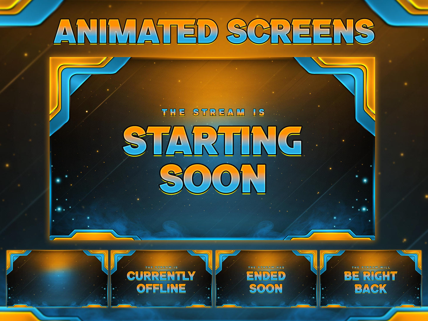 Animated Twitch Overlay Pack | Blue Gold Stream Overlays | Modern Gaming Screens, Starting Soon BRB Alerts, Streaming Panels, Stream Package