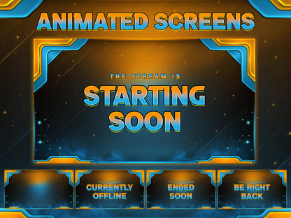 Animated Twitch Overlay Pack | Blue Gold Stream Overlays | Modern Gaming Screens, Starting Soon BRB Alerts, Streaming Panels, Stream Package