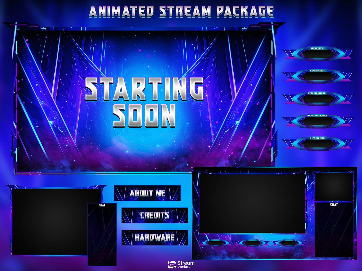 Animated Mecha Twitch Overlay, Futuristic Sci-Fi Stream Package, High-Tech Cyber Setup for OBS, Cyber Shield Animated Stream  Purple & Blue