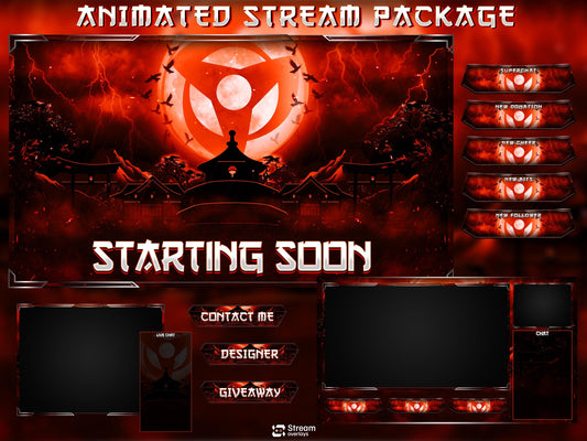 Dark Anime Twitch Overlay | Animated Samurai Theme | Warrior Stream Pack | Japanese Overlays | Ninja Streaming Package, Mangna Gaming Panels