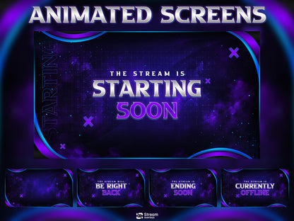 Purple Neon Twitch Overlay Pack Animated | Galaxy Space Stream Screens, Futuristic Cyber Theme, Starting Soon Alerts Panels OBS Kick YouTube