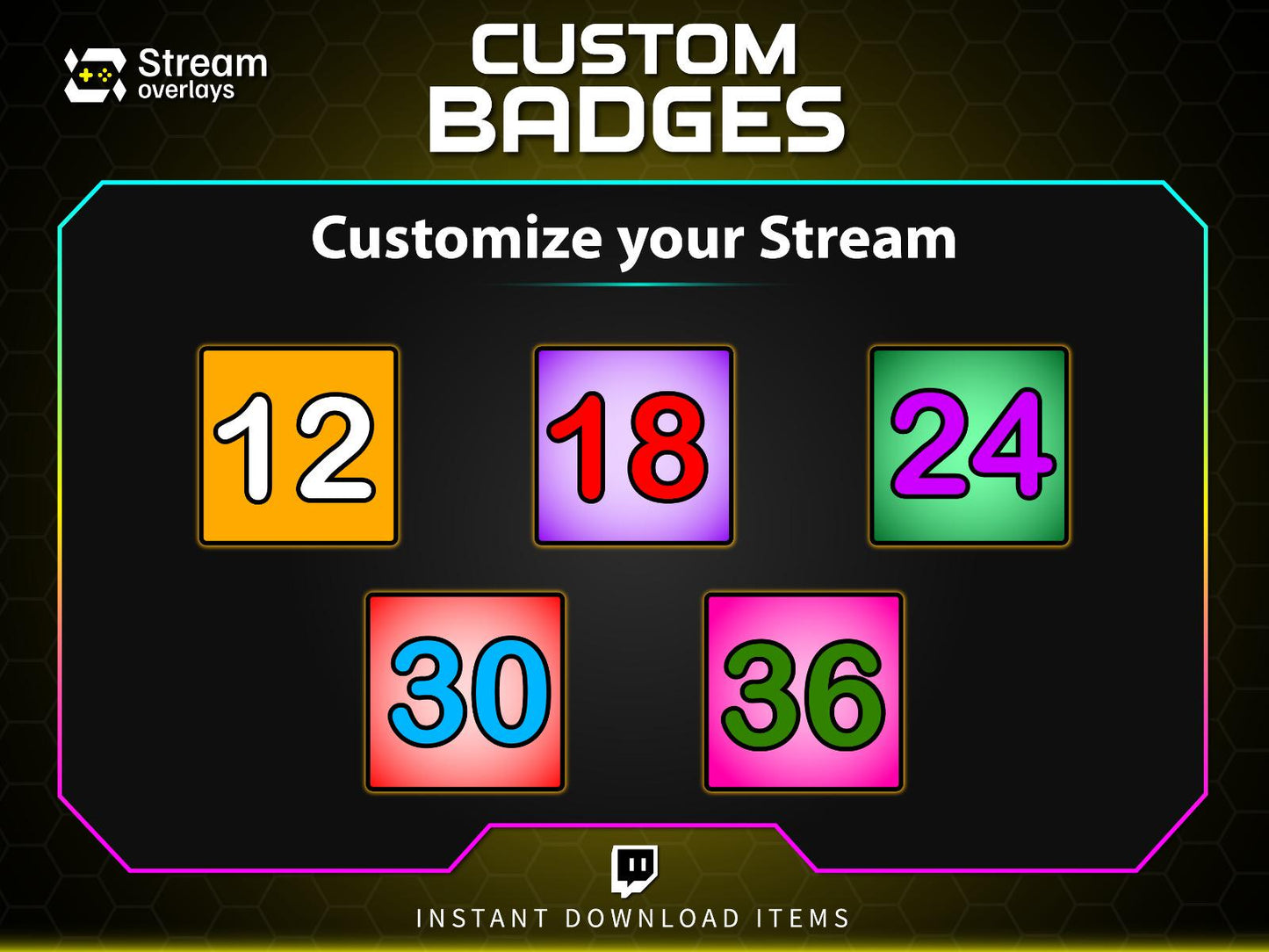Twitch Subscriber Badges Set | Bright Numbered Sub Badges 1–96 | Colorful Square Sub Badge Pack | Streamer Loyalty Multi-Month Subscriptions