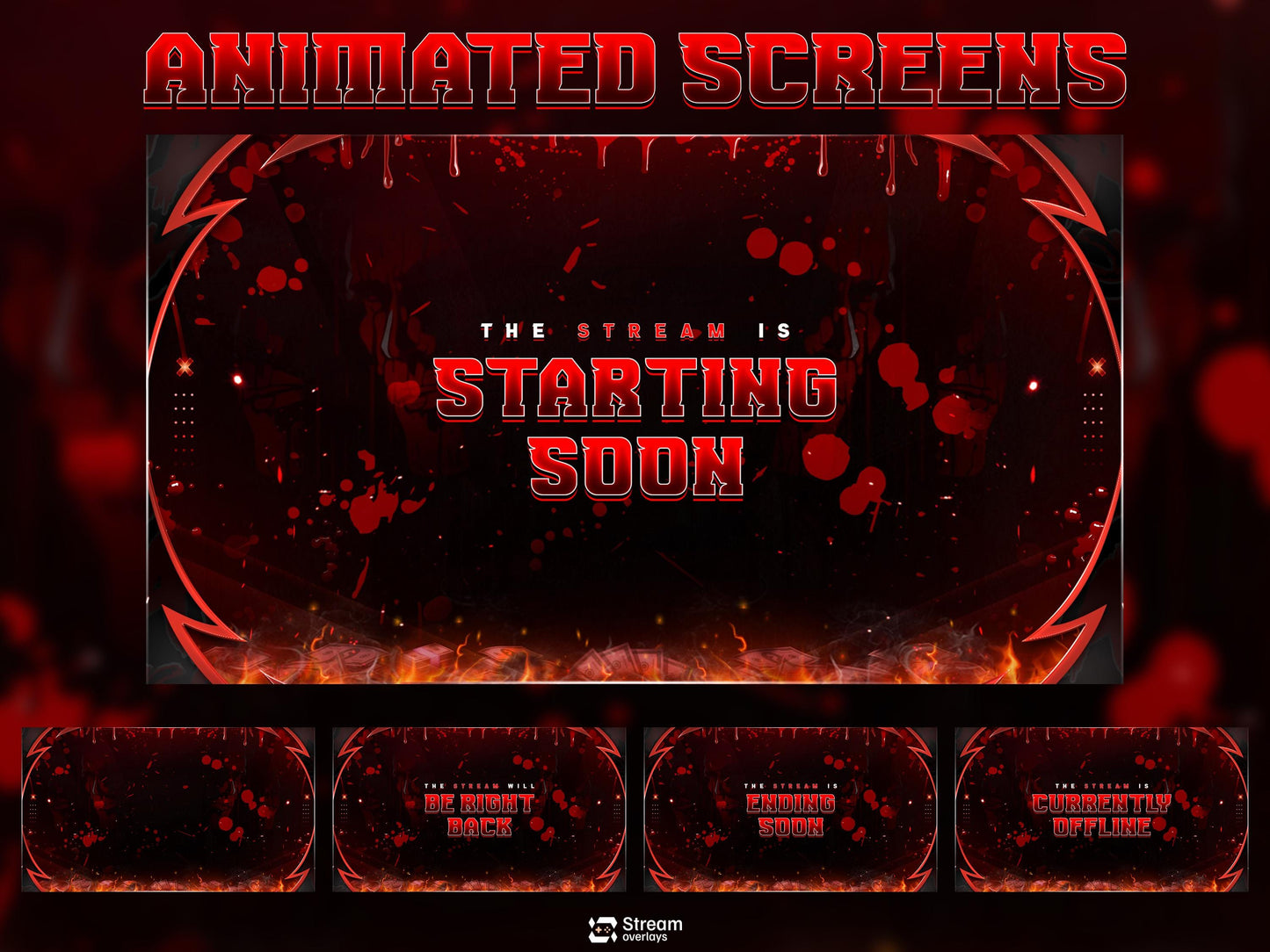 Blood and Fire Twitch Overlays | Dangerous Gamer | Dark Crimson Stream, Red Dripping Horror, Dark Money Gaming Starting Streams, OBS overlay