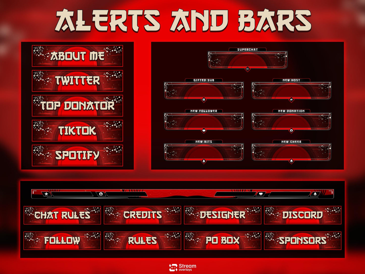 Samurai Stream Overlay Pack | Japanese Stream Package | Streaming Twitch | Stream Scenes | Red Moon Gaming | Panels | Alerts | Screens,OBS