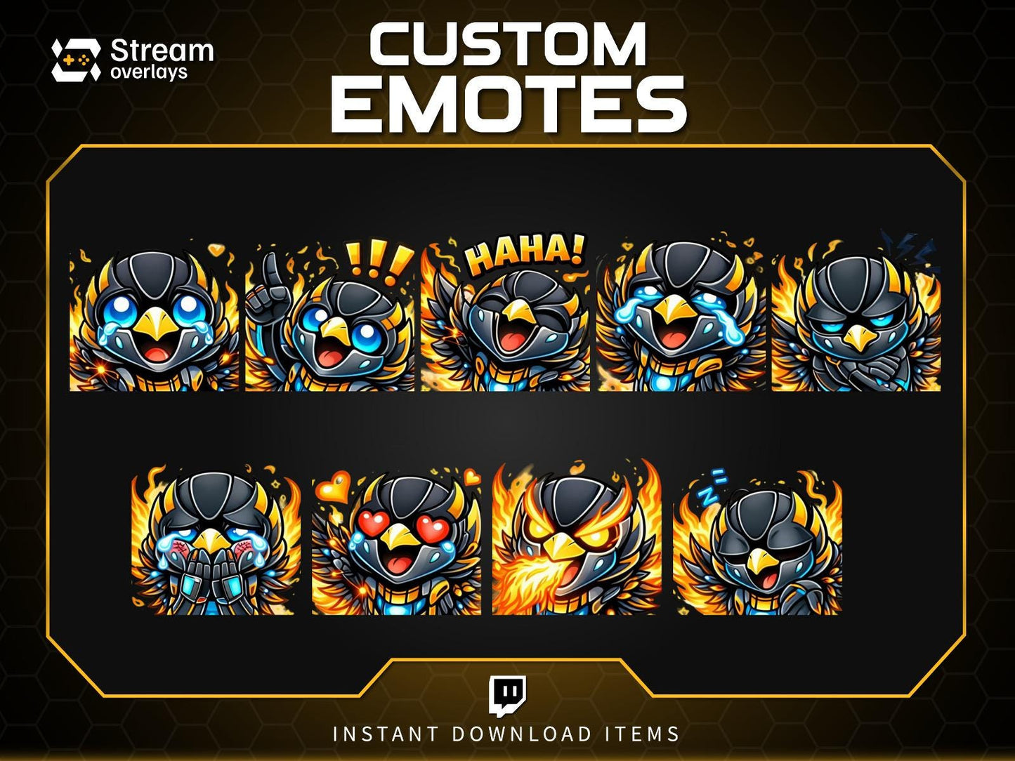 Flaming Phoenix Emotes | Fire Bird Twitch Stickers Pack | Cyborg Phoenix Emojis | Robotic Phoenix Emote for Streamers on Discord, YT, FB