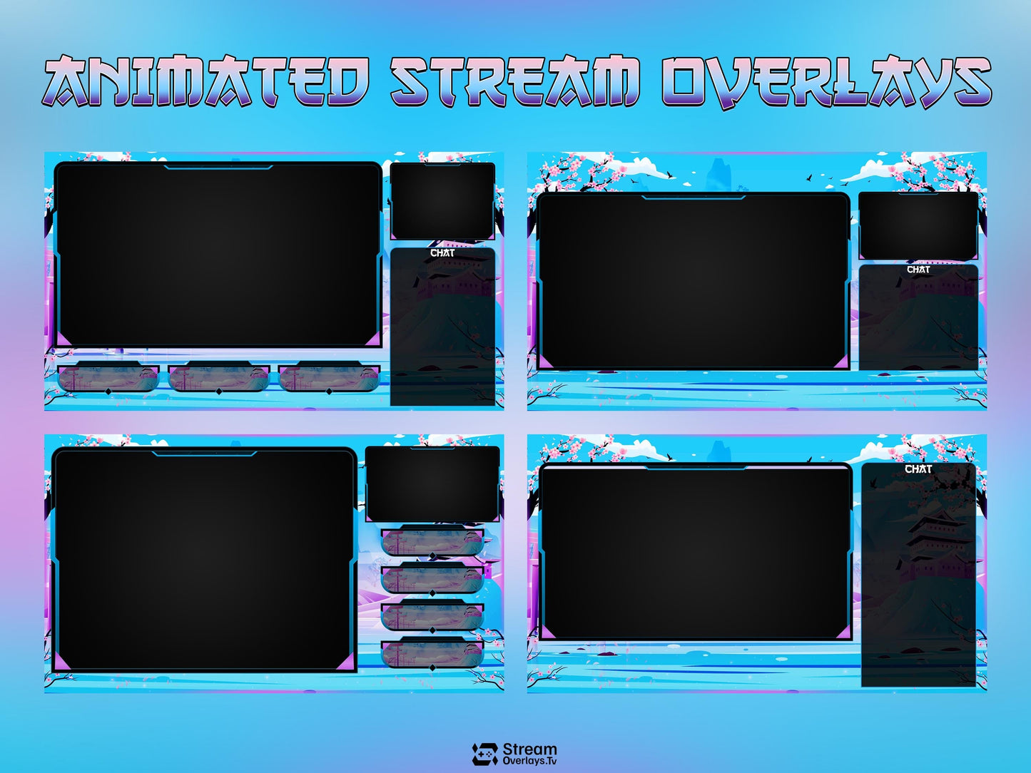 Japanese Kawaii Twitch Overlay | Sakura Cherry Blossom Stream Overlays | Cozy Mountain Lake OBS Bundle | Pastel Sky Screens, Panels, Webcam