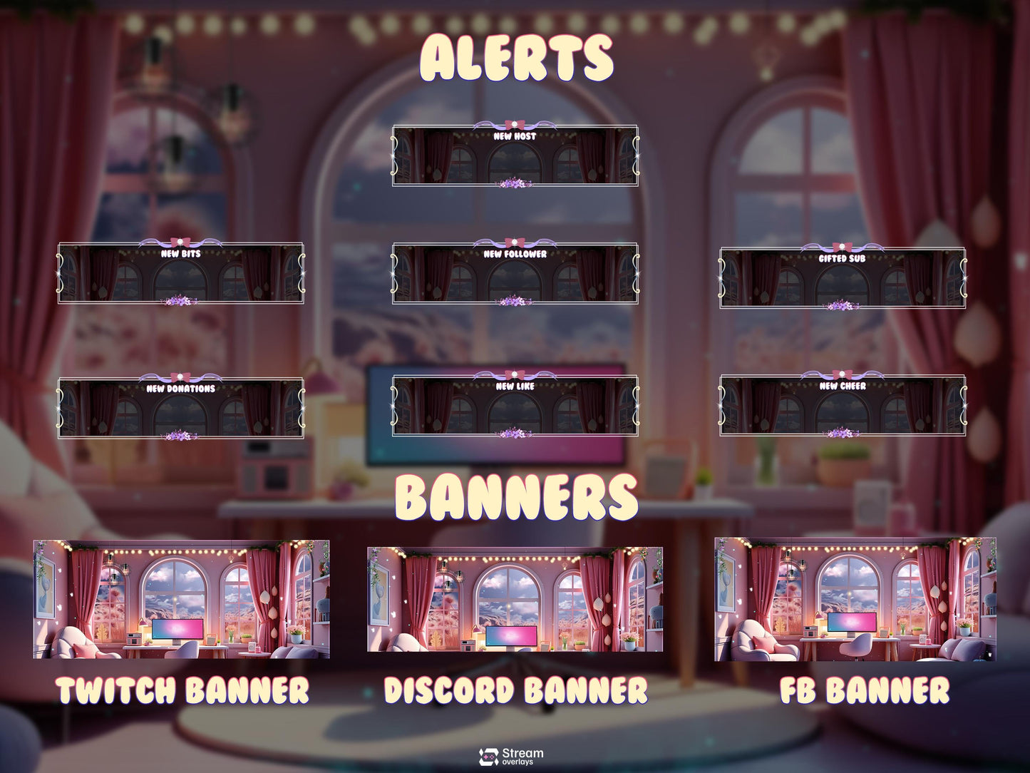 Cozy Pastel Gaming Room Twitch Overlay Pack | Animated Stream Package, OBS Overlay, Twitch Panels, Stream Alerts, Stream Transition, YouTube
