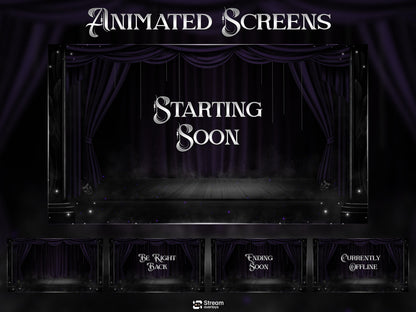 Elegant Theater Twitch Overlay Pack | Animated Dark Stage Curtain Stream Package, OBS Overlay, Twitch Panels, Stream Alerts | Kick & YouTube