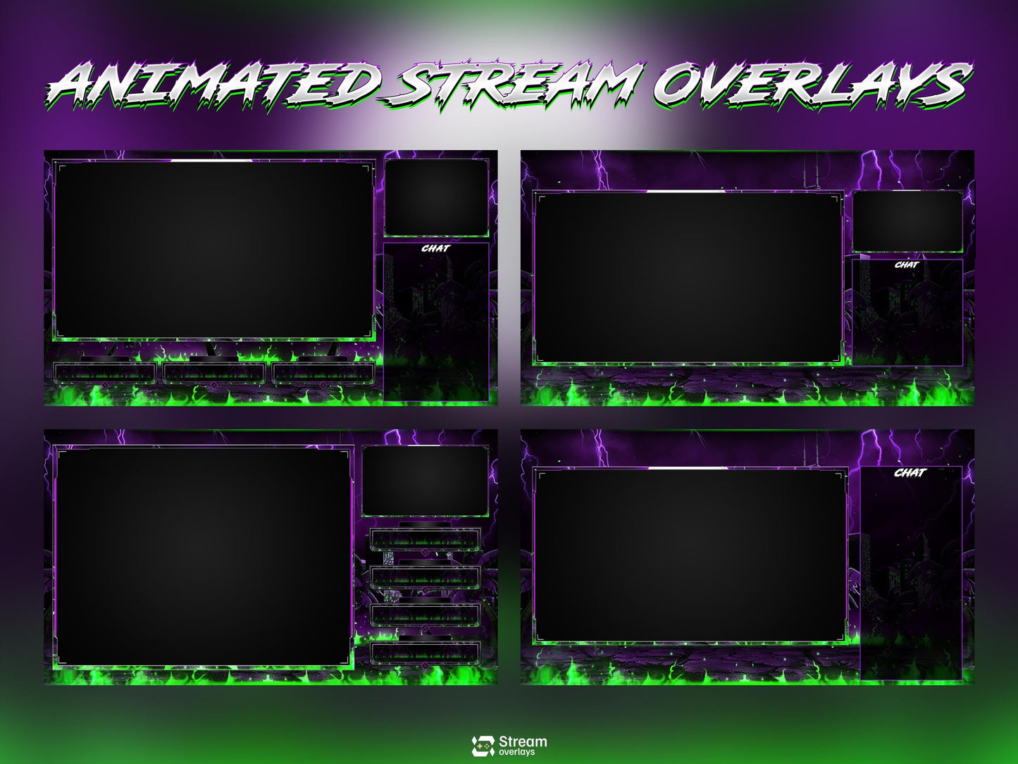 Neon Cyber City Twitch Overlay | Animated Purple Lightning Stream | Kick Screens | Streaming Scenes | Gaming Panels | Streaming Alerts | OBS