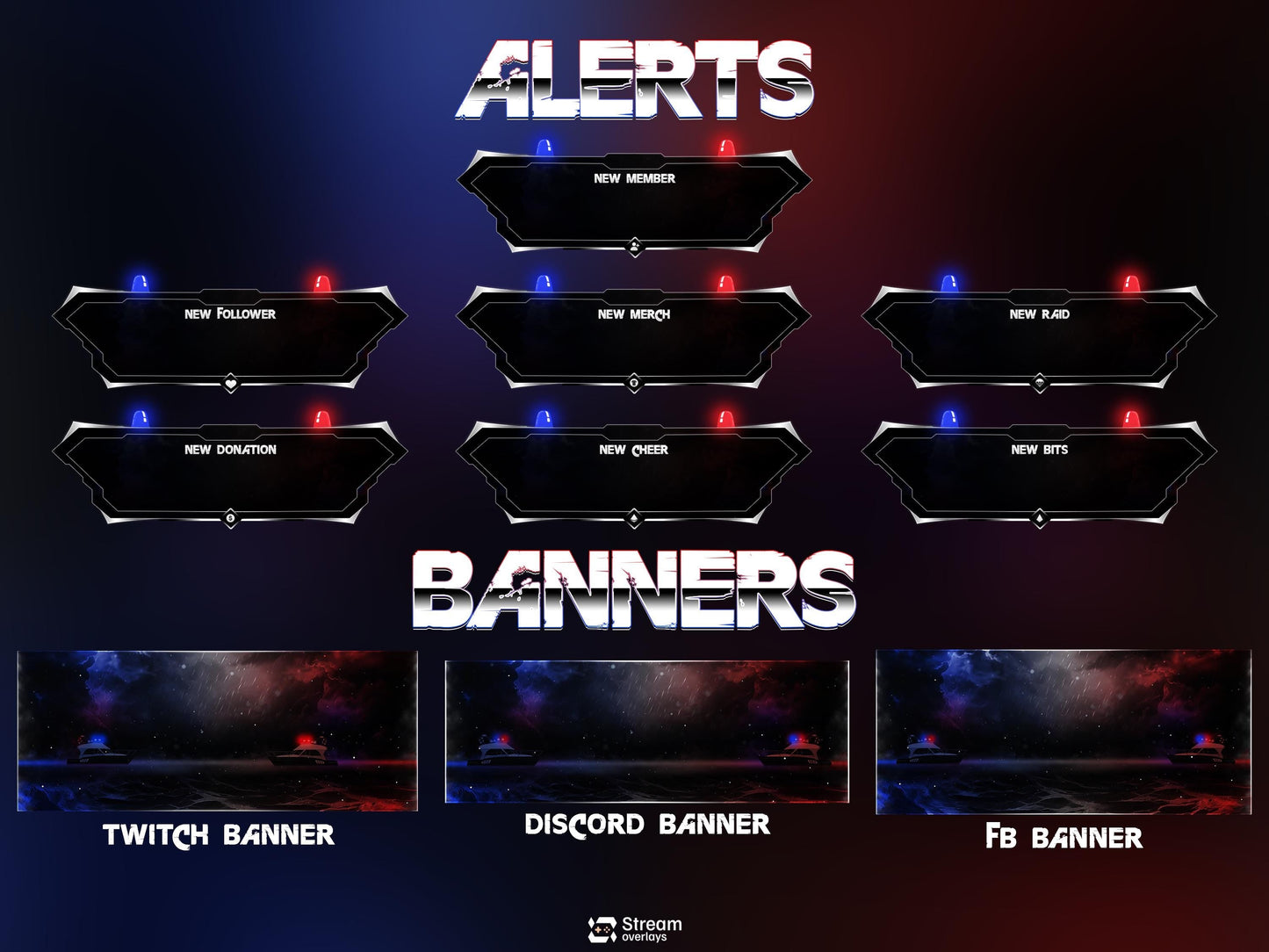 Ocean Police Twitch Overlay, Red and Blue Naval Cops Ocean Layouts for Streamers, Police Thunder Lightening Stream Overlay, OBS Crime Stream