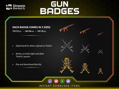 Gun Sub Badges for Twitch | Skull Rifle Gaming Badges | Gaming Gun Loyalty Badge,  Streamer Loyalty Subscriber for Twitch, Discord, YouTube