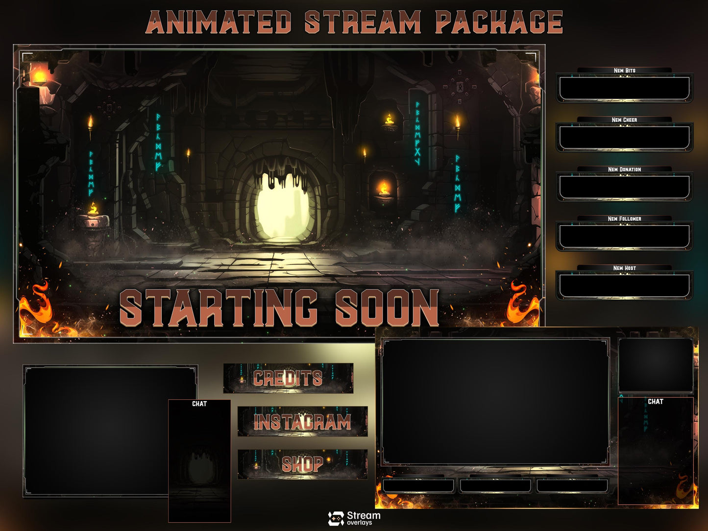 Ancient Castle Twitch Overlay | Royal Stone Cave Civilisation Stream Overlays | Fantasy Animated Overlay | Dungeon Fire, Gothic Rune Panels