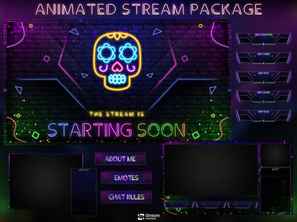 Neon Twitch Overlays | Skull Stream Overlay | Animated Screens | Glow Scenes | Animate Package | Panels | Alerts | Neon Alert | OBS Pack