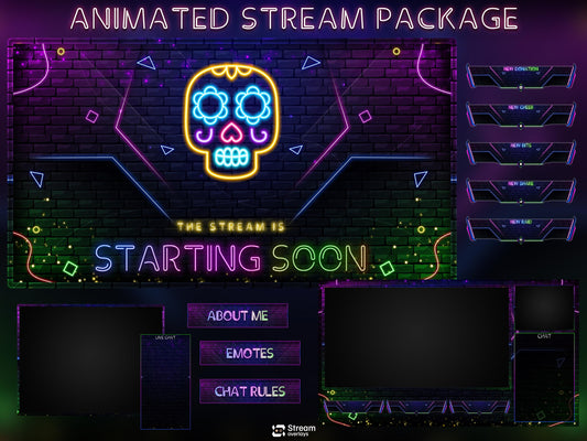 Neon Twitch Overlays | Skull Stream Overlay | Animated Screens | Glow Scenes | Animate Package | Panels | Alerts | Neon Alert | OBS Pack