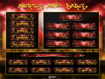 Animated Cyberpunk City Twitch Overlay Pack, Cyber Skyline Stream Overlays, Urban Night Blood Moon Storm Stream, Red Gold Streaming Bundle