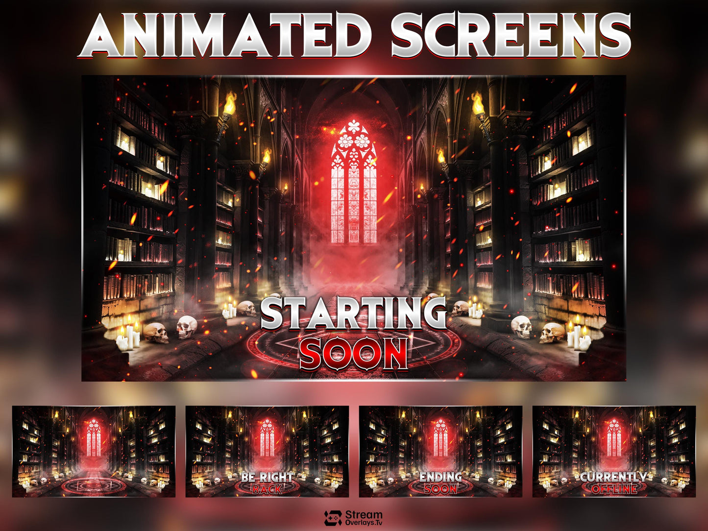 Horror Gothic Stream Overlay Pack, Dark Fantasy Library Twitch Overlay, Magic Cathedral Gaming Overlay, Animated OBS Stream Screens & Panels