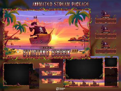 Pirate Twitch Overlay | Tropical Animated Stream Pack | Adventure Streams | Twitch Alerts | Starting Soon | Panels | Streaming Package, BRB