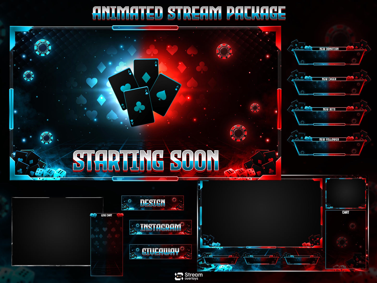 Poker Cards Stream Overlay Pack | Kick Stream | Card Game | Red Blue Neon Gambling Theme | Twitch Assets | Casino Overlay Dice Gaming