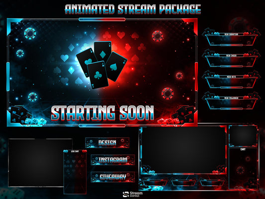 Poker Cards Stream Overlay Pack | Kick Stream | Card Game | Red Blue Neon Gambling Theme | Twitch Assets | Casino Overlay Dice Gaming