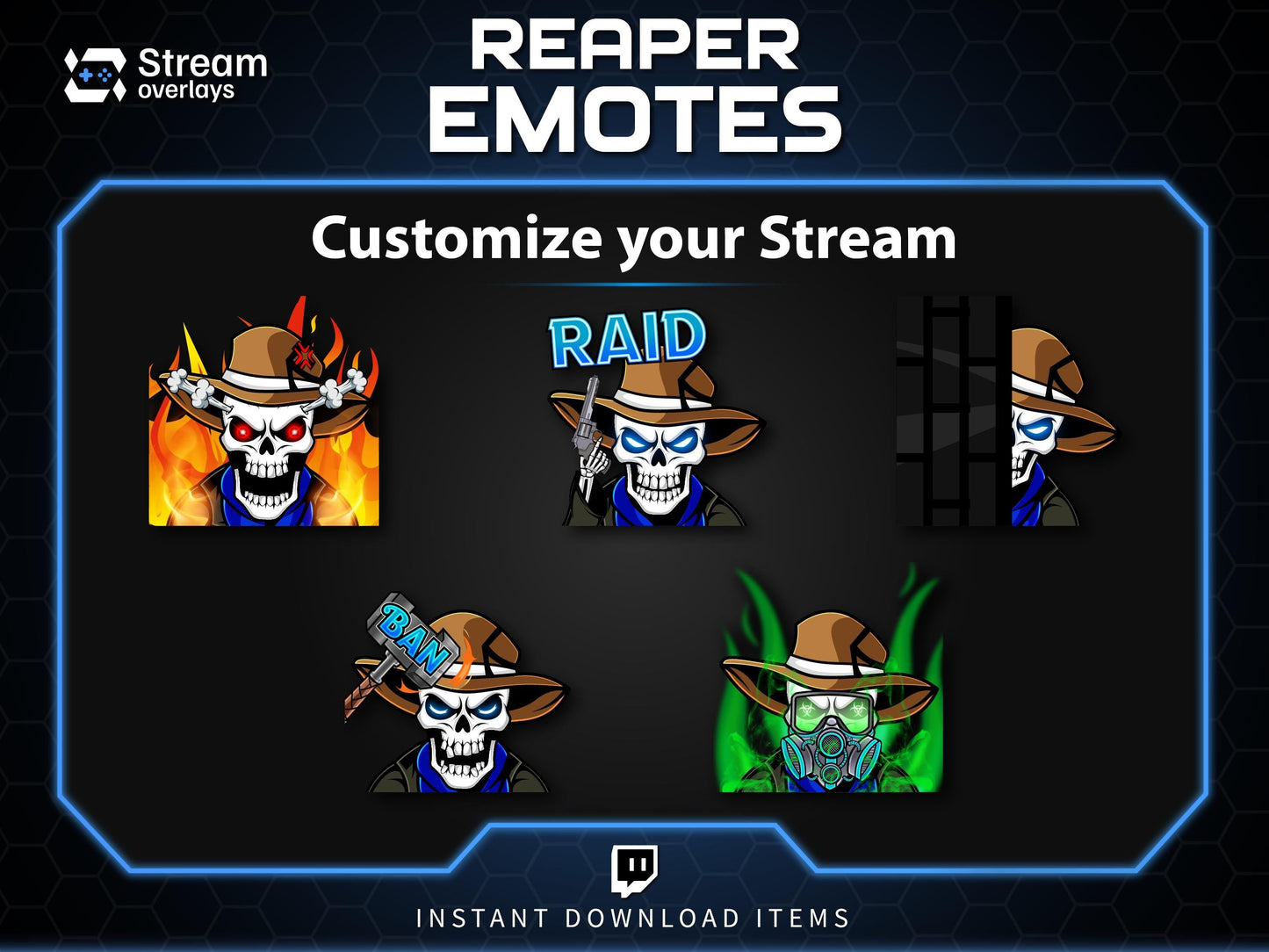 Cowboy Reaper Twitch Emotes Pack | Western Skeleton Skull Emotes for Discord, Kick, Youtube | Dark Gaming Emoji | Grim Reaper Streamer Pack
