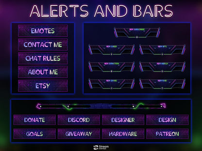 Neon Twitch Overlays | Skull Stream Overlay | Animated Screens | Glow Scenes | Animate Package | Panels | Alerts | Neon Alert | OBS Pack