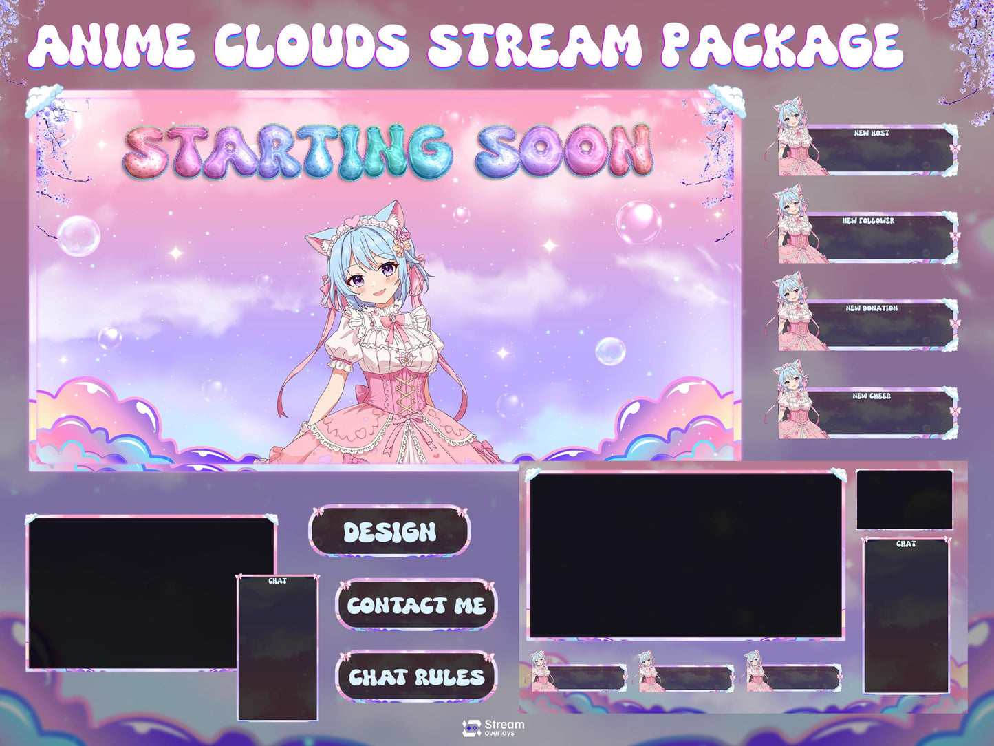 Pastel Sky Clouds Stream Package | Kawaii Anime Fantasy Twitch Overlays | Cute VTuber Gaming Bundle | Dreamy Colorful Cozy LoFi OBS Stream