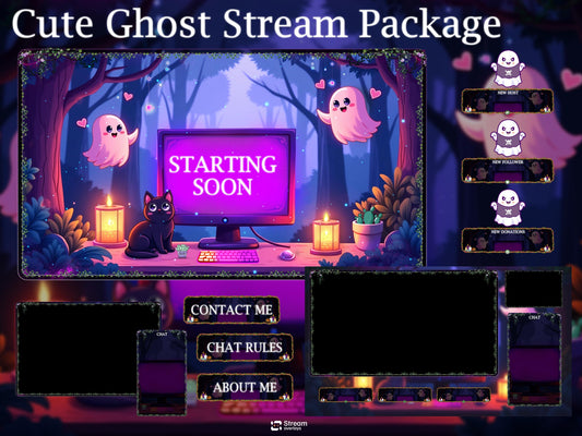Cute Jungle Ghost Stream Overlays Pack | Animated Cat Wizard Magic Forest Twitch Overlay, Cute Trees Theme OBS Stream Package, Panels