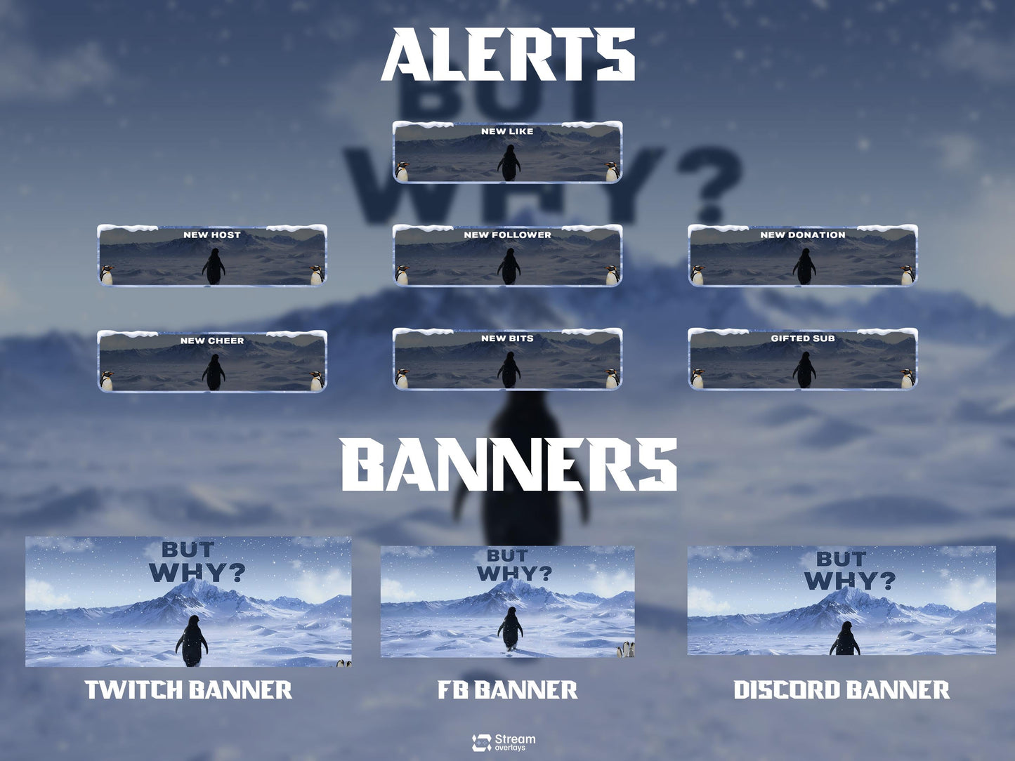 But Why Penguin Stream Overlay Pack | Nihilist Penguin Walking Mountains Twitch Streamer | Arctic Penguin Meme| Ice Snow Winter Lone Penguin