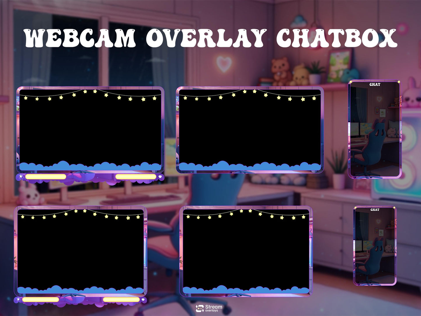 Cute Kawaii Gaming Room Stream Overlay | Cozy Lofi Gamer Girl Twitch Package | Pink & Blue Dreamy Room Setup, Animated Screens Alerts Panels
