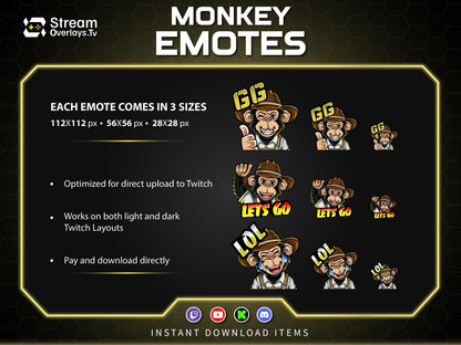 Cowboy Monkey Emotes, Farmer Chimp Emojis, Explorer Chimp Emote Pack, Gamer Ape Stickers,  Zoo Monkey Streamer, Twitch, Discord, Kick