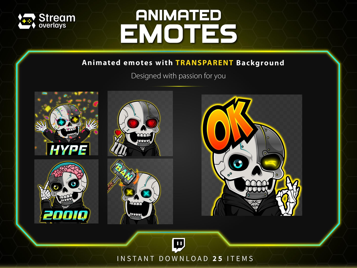 25x Cyborg & Skull Emotes | Animated + Static Twitch Emotes | Futuristic Twitch Emotes | Twitch Sub Emotes | Tiktok Emotes | Discord Emojis