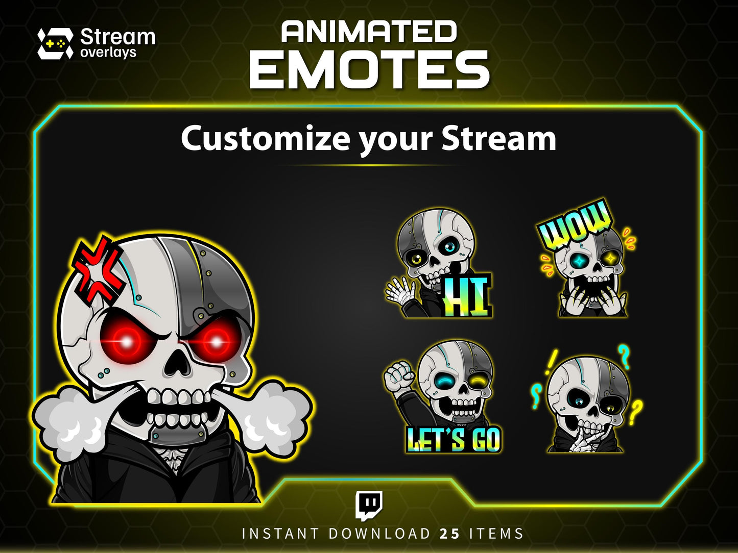 25x Cyborg & Skull Emotes | Animated + Static Twitch Emotes | Futuristic Twitch Emotes | Twitch Sub Emotes | Tiktok Emotes | Discord Emojis