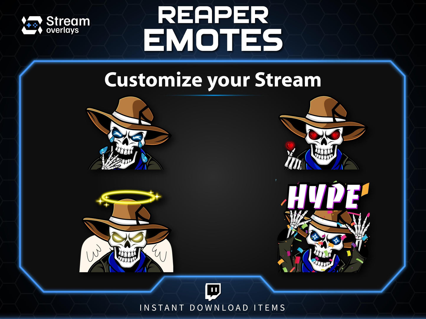 Cowboy Reaper Twitch Emotes Pack | Western Skeleton Skull Emotes for Discord, Kick, Youtube | Dark Gaming Emoji | Grim Reaper Streamer Pack