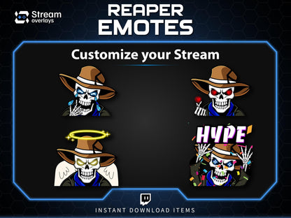 Cowboy Reaper Twitch Emotes Pack | Western Skeleton Skull Emotes for Discord, Kick, Youtube | Dark Gaming Emoji | Grim Reaper Streamer Pack