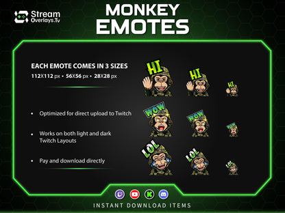 Soldier Monkey Emotes, Farmer Chimp Emojis,military Chimp Emote Pack, Gamer Ape Stickers,  Zoo Monkey Streamer, Twitch, Discord, Kick