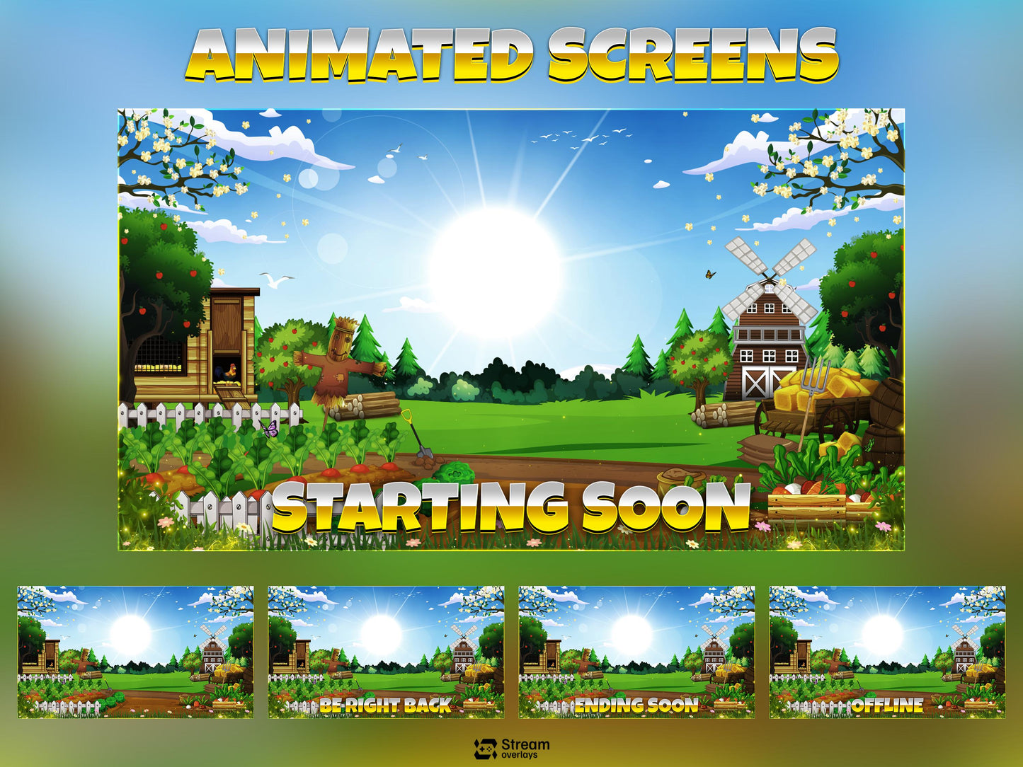 Farm Cute Game Overlay | Nature Stream Pack | Cozy Scenes | Animate Twitch Screens | Panels | Nature Streaming Package | Alerts,Sunny Stream