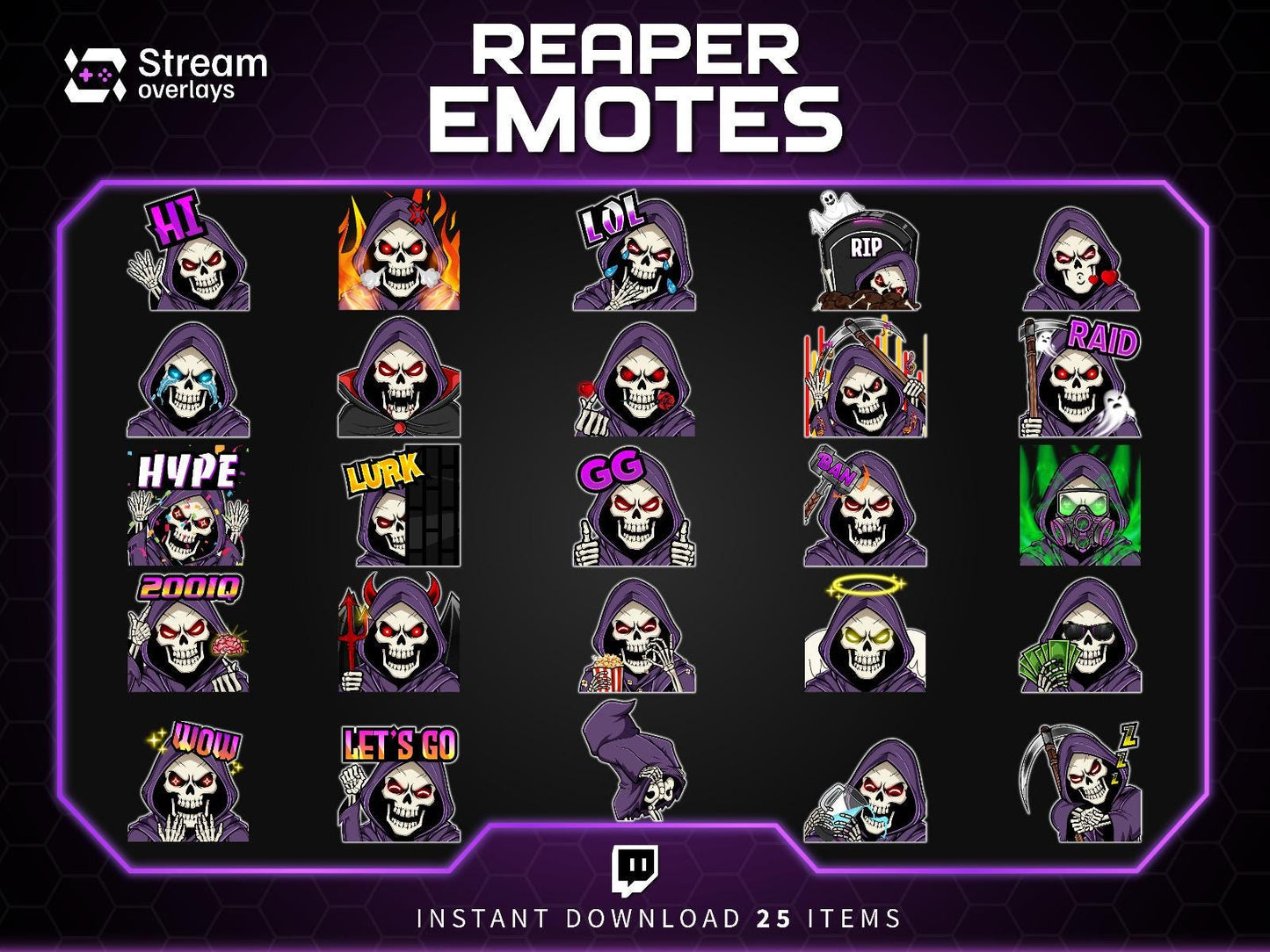 Reaper Twitch Emotes Pack | Grim Reaper Skull Emotes | Dark Gaming Stream Emotes | Twitch & Discord Emotes PNG