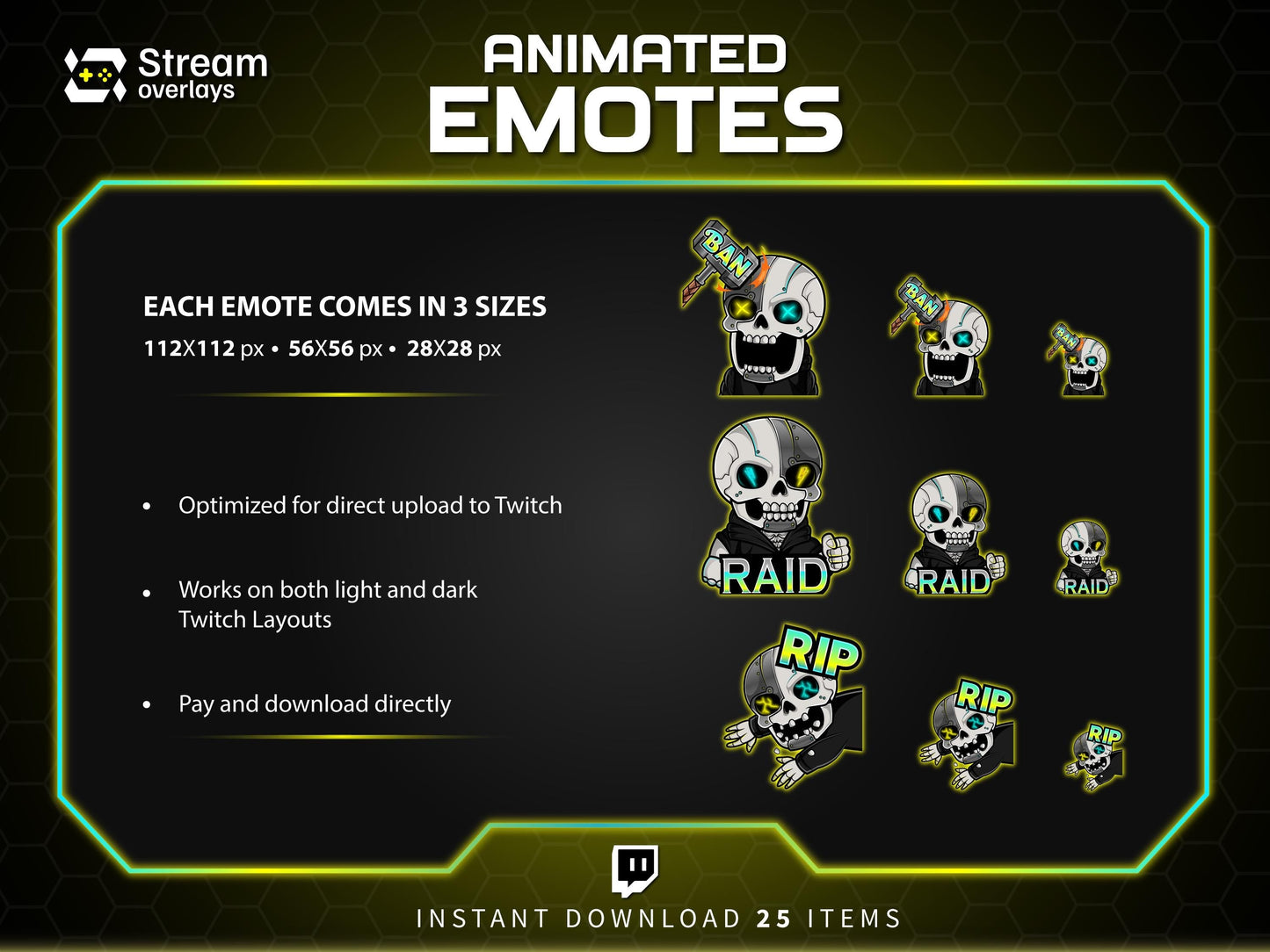 25x Cyborg & Skull Emotes | Animated + Static Twitch Emotes | Futuristic Twitch Emotes | Twitch Sub Emotes | Tiktok Emotes | Discord Emojis