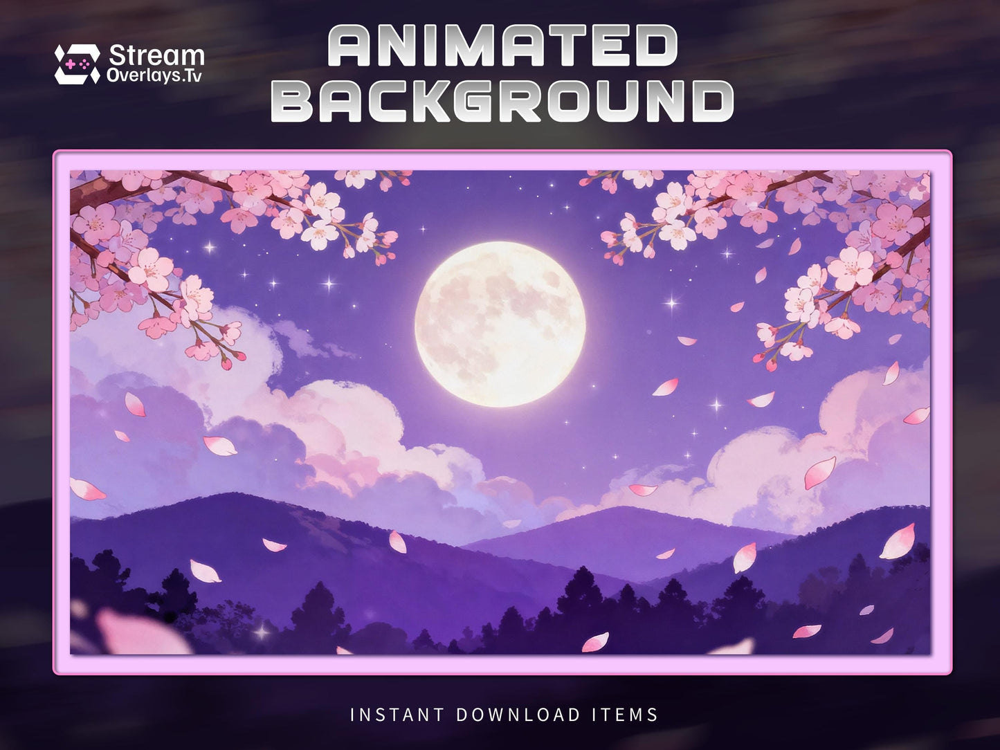 Sakura Moon Night Stream Background | Cherry Blossom Anime Scene | Cozy Purple Sky | VTuber Overlay | Celestial Twitch | Pastal Kawaii Cloud