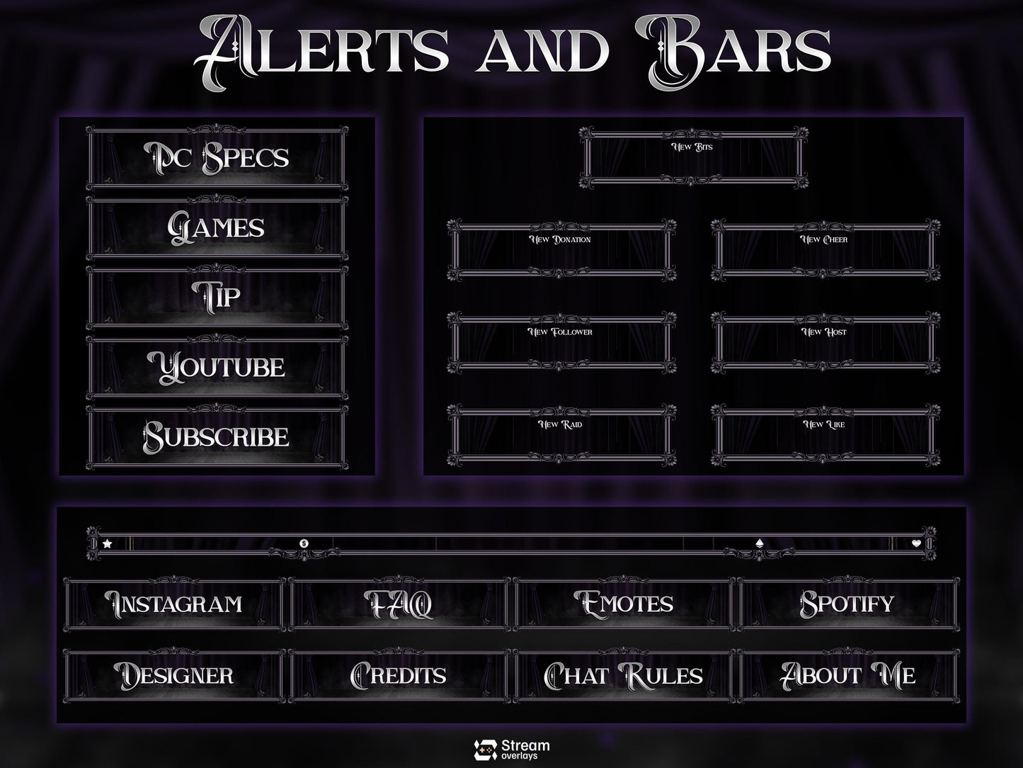Elegant Theater Twitch Overlay Pack | Animated Dark Stage Curtain Stream Package, OBS Overlay, Twitch Panels, Stream Alerts | Kick & YouTube