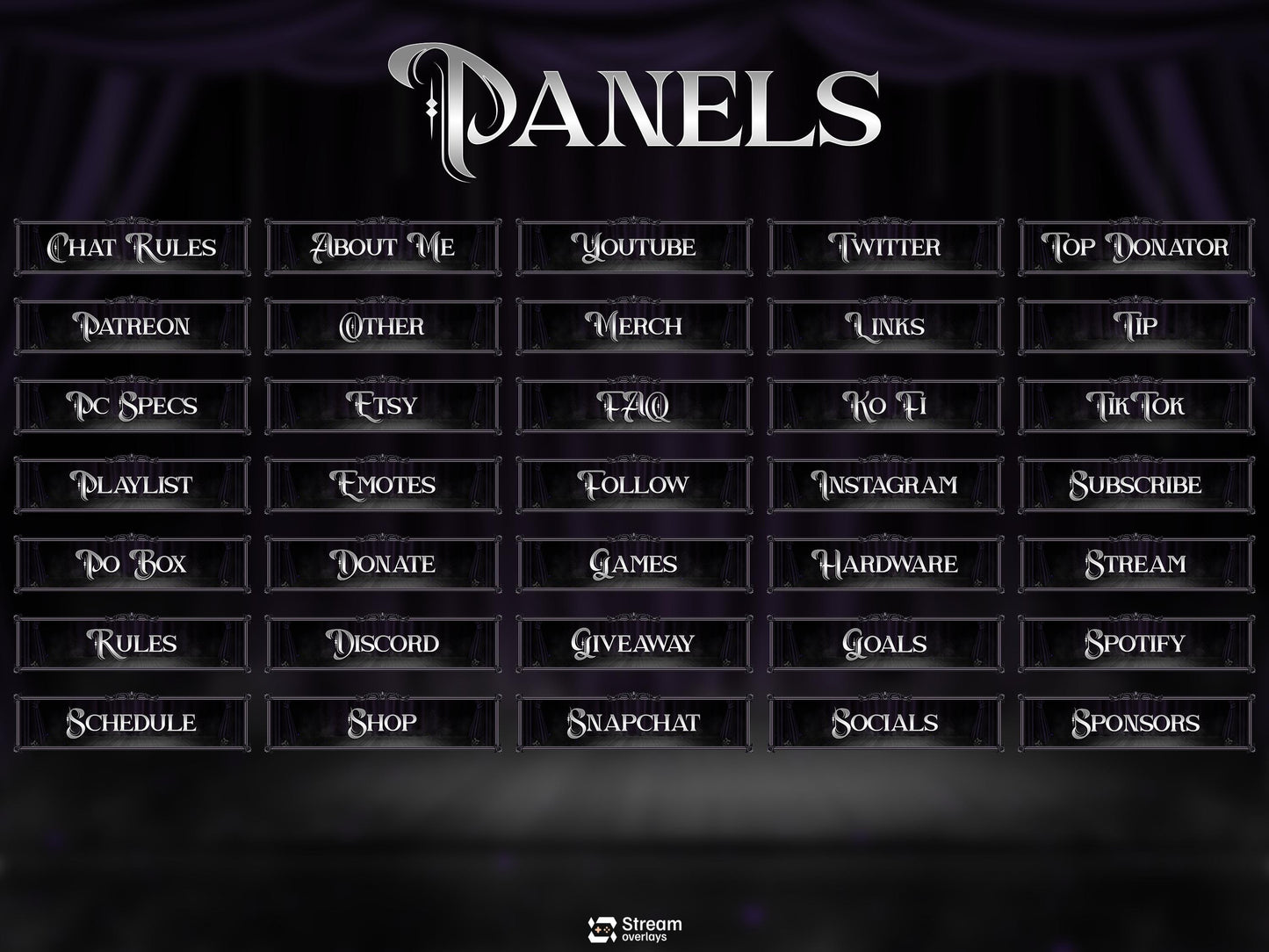 Elegant Theater Twitch Overlay Pack | Animated Dark Stage Curtain Stream Package, OBS Overlay, Twitch Panels, Stream Alerts | Kick & YouTube