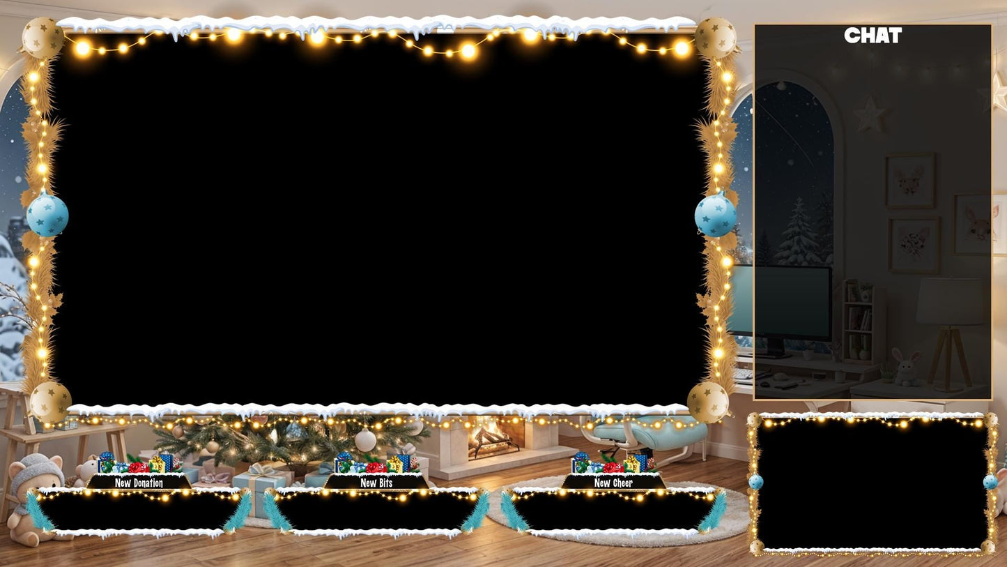 Christmas Kawaii Gaming Room Twitch Overlays Pack | Snow Fireplace | Christmas Tree Holiday Live Stream | Gift for Gamer | Game Room Decor