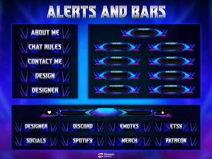 Animated Mecha Twitch Overlay, Futuristic Sci-Fi Stream Package, High-Tech Cyber Setup for OBS, Cyber Shield Animated Stream  Purple & Blue