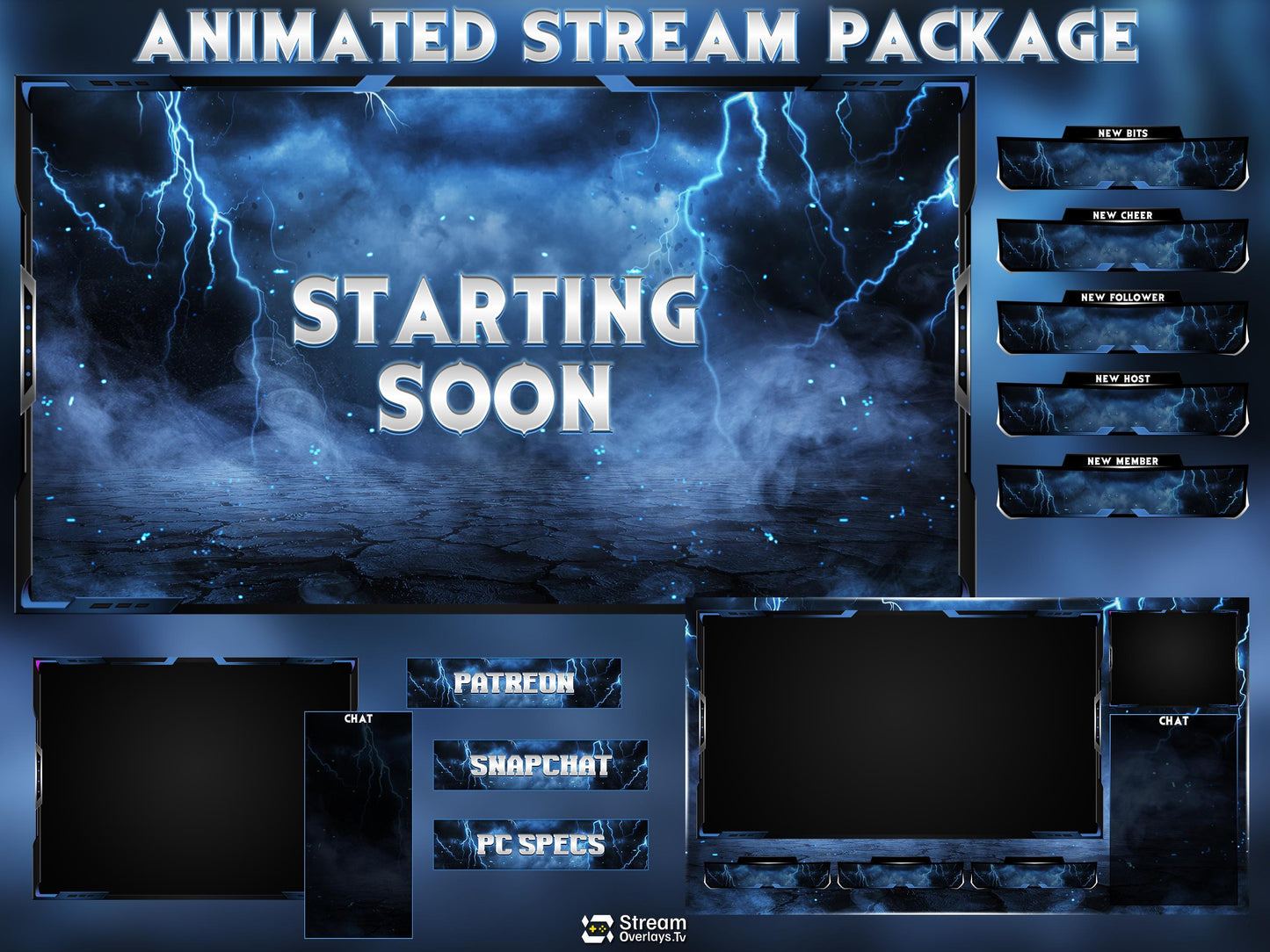 Blue Thunder Twitch Overlay | Lightning Streaming Pack | Electric Animated Scenes, Blue Smoke Streams, Twitch Alerts, Starting Soon Power