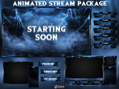 Blue Thunder Twitch Overlay | Lightning Streaming Pack | Electric Animated Scenes, Blue Smoke Streams, Twitch Alerts, Starting Soon Power