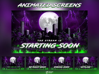 Neon Cyber City Twitch Overlay | Animated Purple Lightning Stream | Kick Screens | Streaming Scenes | Gaming Panels | Streaming Alerts | OBS