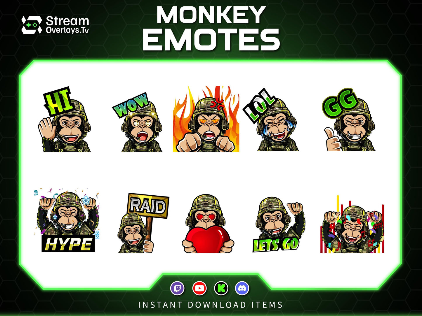 Soldier Monkey Emotes, Farmer Chimp Emojis,military Chimp Emote Pack, Gamer Ape Stickers,  Zoo Monkey Streamer, Twitch, Discord, Kick